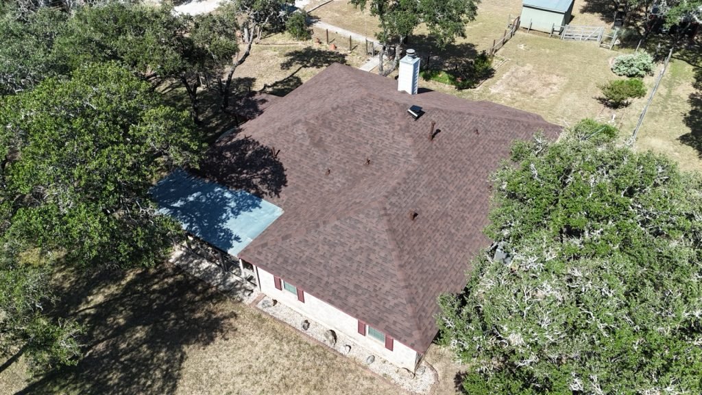 Aerial drone inspection of a completed roof in San Antonio, Texas
